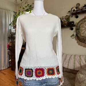 Joseph A. White Textured Knit Sweater Multi Color Crochet Granny Square Trim S